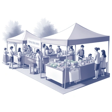 A farmer's market scene filled with activity. Various stalls are set up, each displaying an array of fresh produce, homemade goods, and artisanal products. Vendors are engaged with customers, showcasing their offerings such as ripe fruits, vibrant vegetables, and baked goods. Some vendors are standing behind their tables, while others are interacting closely with buyers. People from the community are browsing, chatting, and carrying bags filled with items. The market is busy with families and friends enjoying the vibrant atmosphere, with a banner overhead indicating "Support Local." In the background, there are trees providing shade to the market area, and the ground is covered with a mix of gravel and grass.