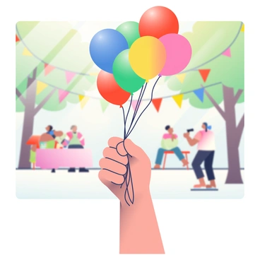A right hand holding vibrant balloons at a festive outdoor party.