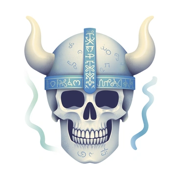 A detailed skull with a weathered texture is wearing a Viking helmet adorned with prominent horns. The helmet features intricate patterns and carvings that illustrate Norse mythology. Surrounding the skull, there are runic inscriptions that flow elegantly across the surface of the helmet, glowing softly in a muted light. The background is a subtle gradient, enhancing the focus on the skull and helmet without distracting from their detailed design.