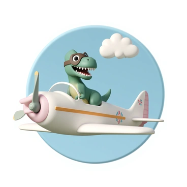 A colorful dinosaur, with green scales and a cheerful expression, is sitting in the cockpit of a small vintage airplane. The dinosaur is wearing a pair of brown aviator goggles over its large eyes. The airplane features classic design elements, such as a propeller at the front and a rounded body with retro insignias. The sky is bright blue with fluffy white clouds, creating a playful atmosphere as the airplane flies through the air.