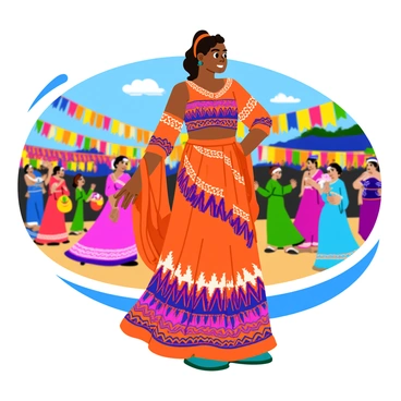 A woman is wearing a flowing dress adorned with bold ethnic prints featuring geometric patterns and vibrant colors. She stands confidently amidst a lively cultural festival, surrounded by colorful decorations and beautiful banners. The sunlight shines on her attire, enhancing the richness of the prints. In the background, people are engaged in traditional dances and activities, adding to the festive atmosphere. The woman's hair is styled elegantly, and she wears accessories that complement her dress.