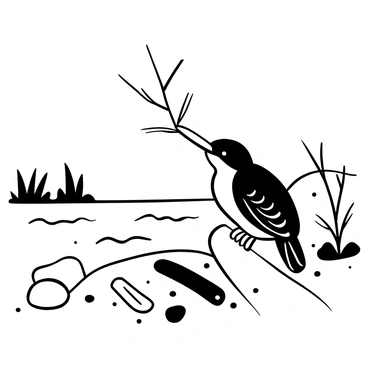 A kingfisher perched on the edge of a riverbank, skillfully holding a twig in its beak. Several twigs are scattered along the bank, while the water flows gently nearby. The kingfisher's feathers are intricately detailed, and the surrounding environment includes patches of grass and small rocks. In the background, the river’s surface is slightly rippled, reflecting the movement of the water. 