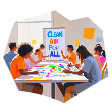 A group of diverse activists is gathered in a spacious community center, focused on preparing signs and banners for an upcoming demonstration. They are seated at several large tables, covered with colorful sheets of paper, paint, and markers. One activist with curly hair is painting a large banner with the words "Clean Air for All" in bold letters, while another activist, wearing glasses, sketches a design for a sign that reads "Climate Justice Now." Nearby, a young woman is cutting out letters from bright cardstock to create another sign. The atmosphere is lively, with everyone collaborating and sharing ideas, contributing to a vibrant scene of activism and creativity.
