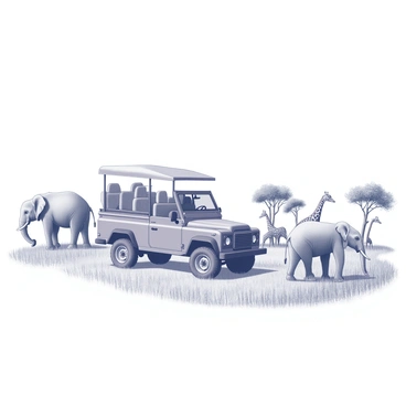A safari vehicle is positioned in an open landscape, surrounded by tall grass and sparse trees. The vehicle is equipped with large wheels and has a canvas top for shade. Several wild animals are visible nearby, including a herd of elephants grazing peacefully, their large ears flapping gently. In the distance, a group of giraffes is seen stretching their long necks to reach the leaves on tall trees. The scene conveys a sense of adventure as the vehicle remains at a safe distance, allowing for observation without disturbing the wildlife.