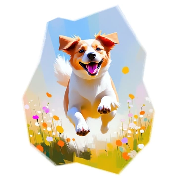 A simple illustration of a dog leaping through the air in joy