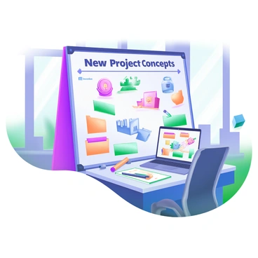 A board filled with various concept art sketches showcasing different design ideas for a new project. The sketches include illustrations of characters, environments, and objects, presented in a variety of styles and color palettes. The setting is an office in Huddersfield, featuring modern office furniture and large windows letting in natural light. On the desk next to the board, there are design tools like markers and a sketchpad, along with a laptop displaying additional design files. "New Project Concepts" is prominently displayed at the top of the board in bold letters.