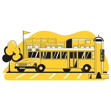 An electric school bus with distinct features is parked at a charging station in a school parking lot. The bus has large windows and a sign that reads "School Bus" displayed on the front. It is connected to a charging cable that runs from the station to the vehicle. Surrounding the bus are several painted parking spaces, marked with "Visitor" and "Staff" signs. In the background, a brick school building with large windows and a flagpole is visible. A few trees are scattered around the parking lot, providing some shade.