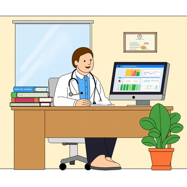 A doctor with light skin and short brown hair, wearing a white lab coat and a stethoscope around their neck, is sitting at a wooden desk in a well-organized office. The doctor is focused on a large computer screen displaying colorful graphs and numbers related to blood test results. There are several medical charts and reference books stacked on the desk. A potted green plant sits in the corner of the office, adding a touch of life to the space. The walls are painted a soft color, and a framed diploma hangs prominently behind the doctor. A window nearby allows natural light to filter into the room.