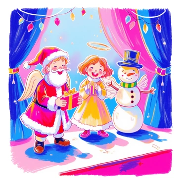 A group of children are dressed as characters performing in a holiday pageant. One child is wearing a bright red Santa suit with a fluffy white trim, holding a small gift box. Another child is dressed as an angel, complete with a white gown and shimmering wings. A third child is portraying a snowman, featuring a black top hat and a carrot nose. In the background, colorful decorations and twinkling lights enhance the festive atmosphere. Each child is animatedly expressing joy and excitement as they perform on a small stage.