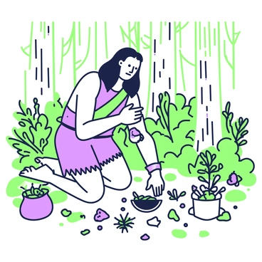 A caveman is kneeling on the forest floor, carefully examining a wound on his arm. He is dressed in animal hide clothing and has long hair, with a focused expression on his face. Surrounding him are various herbs and plants, some freshly picked and others already crushed, arranged in front of him. The forest is dense with tall trees and ferns, creating a natural setting. Sunlight filters through the leaves, casting dappled shadows on the ground. Nearby, a small pouch made from animal skin is partially open, revealing more herbs inside.
