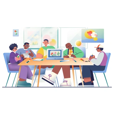 A group of four students is seated around a large wooden table, each focused on their sketchbooks while watching a tutorial on a laptop in the center. The first student, a young woman with curly black hair and wearing a purple sweater, is sketching a flower. The second student, a man with short brown hair and glasses, is drawing a landscape. The third student, a girl with a bun and a yellow scarf, is illustrating a cartoon character. The fourth student, a boy with a baseball cap, is doodling geometric shapes. Various art supplies are scattered across the table, including colored pencils, markers, and erasers. The room is filled with natural light coming in from a large window, and colorful paintings are hung on the walls.