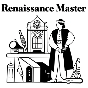 A detailed depiction of a famous historic figure from the Renaissance, dressed in elaborate period clothing. The figure stands confidently with one hand resting on a large book. Behind them, there is a finely detailed backdrop featuring classical architecture and intricate patterns. The setting suggests a scholarly atmosphere, with various antique instruments and scrolls scattered on a table nearby. The words "Renaissance Master" are displayed prominently at the top of the image.