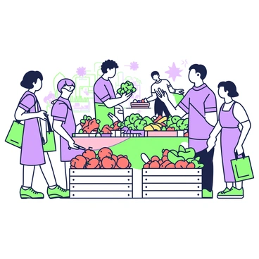 A bustling farmers market is filled with shoppers picking fresh vegetables and fruits. In the foreground, a woman with curly hair is selecting ripe tomatoes from a wooden crate, bending slightly to examine them closely. Nearby, a man wearing a blue shirt is inspecting a bunch of vibrant carrots, holding them up for a better look. Stalls filled with an array of colorful produce line the path, with baskets overflowing with green lettuce, bright peppers, and juicy strawberries. In the background, a vendor is arranging apples on a table, while other shoppers carry reusable bags filled with their purchases. The atmosphere is lively, with people chatting and the sun shining down on the scene.