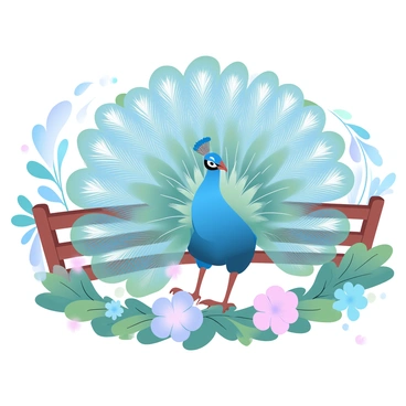 A peacock is standing proudly in a farm garden, showcasing its vibrant, iridescent feathers spread out in a magnificent fan shape. The feathers have intricate patterns with bright blues, greens, and golds, catching the light. Surrounding the peacock are various colorful flowers and lush greenery, creating a lively atmosphere. A rustic wooden fence can be seen in the background, adding to the charm of the garden setting.