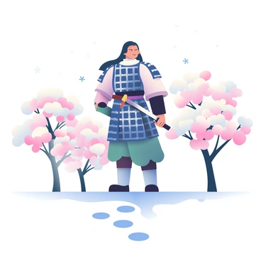 A solitary samurai with long black hair and wearing traditional armor is standing in a snowy landscape. The armor is detailed with intricate patterns, and he has a katana sheathed at his side. Snowflakes are gently falling around him, collecting on his shoulders. In the background, several cherry blossom trees with delicate pink flowers are partially covered in snow, creating a contrast against the white landscape. The ground is a blanket of untouched snow, with the samurai's footprints leading up to where he stands, gazing into the distance.