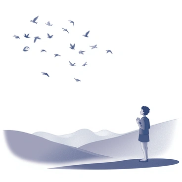 A person standing on top of a hill, gazing at a flock of birds in the sky. The individual has an upright posture, with hands resting on their hips or clasped in front. The birds are flying in various formations, creating shapes like a heart and a spiral. The background showcases rolling hills and a vast open sky, filled with numerous birds in flight. The scene captures the person's focus and wonder as they appreciate the movement of the flock above them.