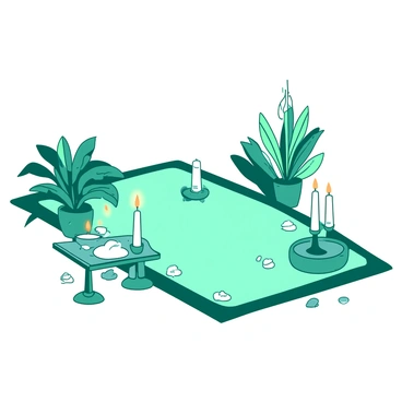 A teal meditation space features a soft white tapis spread across the floor. Surrounding the tapis are several white candles of varying heights, each lit and casting a warm glow. Lush green plants are placed at the corners of the room, adding a sense of tranquility. A small wooden table beside the tapis holds a few additional candles and a small white stone, enhancing the peaceful ambiance. The overall arrangement creates a calming atmosphere for meditation.