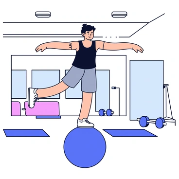 A person balancing on a large blue stability ball inside a gym. The person is wearing a black tank top and gray shorts. Their arms are extended out to the sides for balance, and they have a focused expression on their face. In the background, there are gym mats and a few weights on a rack. The gym has bright overhead lights and a large mirror reflecting the scene.