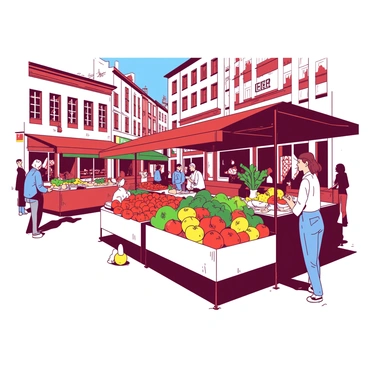 A bustling Bordeaux market with stalls offering fresh produce and local delicacies