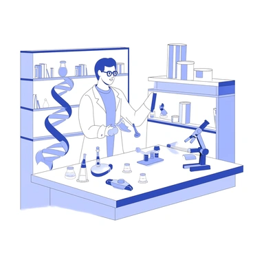 A researcher is standing in a laboratory, focused on a CRISPR model displayed on the countertop. The researcher is wearing a lab coat and safety goggles. The model consists of a three-dimensional representation of DNA, showcasing the double helix structure. Various lab equipment, such as pipettes, test tubes, and a microscope, are arranged on the workspace. The researcher holds a small tool in one hand, poised to demonstrate the gene editing process. The lab is equipped with shelves filled with scientific books and containers, creating an atmosphere of academic investigation.