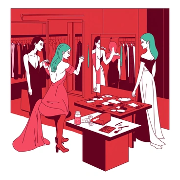 A red-lit backstage area of a fashion show is filled with activity. Several models are standing in front of large mirrors, applying makeup and fixing their hair. A makeup artist with teal hair is working diligently on a model, applying a bright lipstick shade. Nearby, another model is chatting with a stylist who is adjusting her elegant gown. There are racks of colorful outfits in the background and a table cluttered with makeup products, brushes, and accessories. The atmosphere is energetic as everyone prepares for the upcoming show.