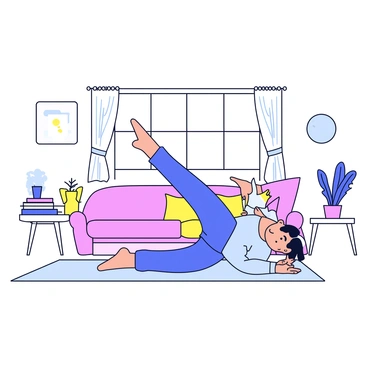 A person is stretching on a soft, light-colored rug in their living room. The individual is wearing comfortable athletic clothing. Nearby, there is a modern coffee table with a small plant and a stack of books. The living room features a large window that allows natural light to pour in, illuminating the space. In the background, there is a cozy sofa with decorative cushions and a simple wall art hanging.