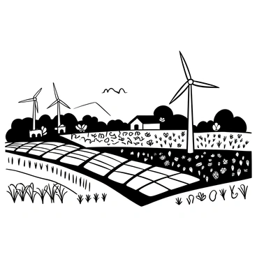 A panoramic view of a farm featuring multiple solar panels arranged in neat rows. Tall wind turbines are positioned on the horizon, their blades rotating gently in the wind. Diverse crops, including rows of corn, wheat, and vegetables, are growing in various sections of the field. A farm shed is visible in the background, surrounded by greenery and a clear sky. The scene conveys a sense of agricultural innovation and sustainability.
