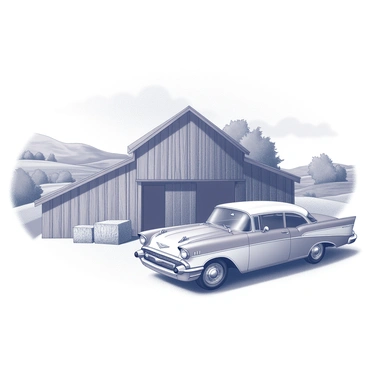 A classic car parked beside a rustic barn in a peaceful farming landscape