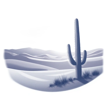 A vast desert landscape stretches across the scene, characterized by rolling sand dunes and expansive open spaces. In the foreground, a single cactus stands prominently, its tall, slender form outlined against the background. The setting sun casts a dramatic light, creating a distinct silhouette of the cactus while illuminating the contours of the desert. The horizon is dotted with the last rays of sunlight, contributing a sense of depth to the vastness of the desert environment.