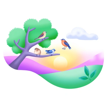 A serene landscape bathed in soft pastel colors during sunrise. In the foreground, there is a large tree with lush green leaves, its branches extending outward. Perched among the branches are various small birds, including a sparrow, a bluebird, and a robin, all with vibrant feathers. These birds are positioned in a way that they appear to be singing, filling the air with soft melodies. In the background, the sun is just rising, casting warm yellow and pink hues across the sky while illuminating the landscape below. A gentle breeze rustles the leaves of the tree, and the soft glow of dawn creates a tranquil atmosphere.