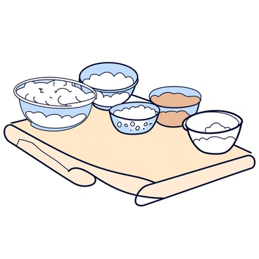 Four measuring cups filled with white flour. The cups are transparent, showing the fluffy texture of the flour inside. Next to them, there are three measuring cups filled with granulated sugar. Each sugar cup is also transparent, highlighting the crystalline structure of the sugar. The measuring cups are arranged neatly on a light-colored countertop.