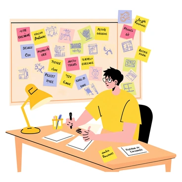 A person sitting at a wooden desk, surrounded by a multitude of colorful post-it notes. Each note is filled with handwritten goals and dreams, featuring vibrant colors like pink, yellow, green, and blue. The person, a young adult with short hair and glasses, is focused on writing on another post-it note. A large corkboard in the background is pinned with photographs and sketches that inspire the person's vision for their future. A warm desk lamp illuminates the scene, casting a cozy glow over the workspace. Pens and markers are scattered across the desk, showing active engagement in the creative process.