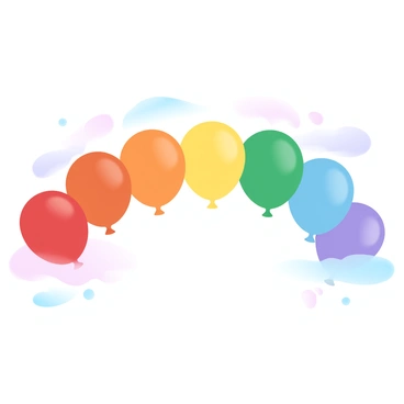A group of colorful balloons in various shades of red, orange, yellow, green, blue, and purple are arranged in a rainbow arc across a clear sky. Each balloon is round and glossy, reflecting light from the sun. Below the arc of balloons, a soft gradient of pastel colors fills the background, creating a harmonious atmosphere. The scene captures the vibrant colors of the balloons against the gentle hues of the sky.