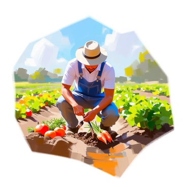 A vibrant field filled with rows of fresh vegetables, including bright green lettuce, ripe tomatoes, and orange carrots peeking from the soil. In the middle of this field, a farmer with medium skin tone, wearing a straw hat and denim overalls, is kneeling and carefully tending to the plants. He is using a small hand tool to cultivate the soil, surrounded by lush greenery and the rich brown earth. A clear blue sky overhead enhances the freshness of the scene, creating a sense of harmony with nature.