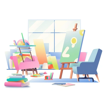 An artist's studio features stacks of A3 illustration boards leaning against the wall. There are various art supplies scattered around, including tubes of paint in vibrant colors, brushes of different sizes, and a palette with mixed colors. A wooden easel stands in the corner, and a comfortable chair is positioned nearby. A large window allows natural light to flood the room, illuminating the creative clutter. On a nearby table, sketchbooks and pencils are arranged haphazardly, adding to the ambiance of artistic chaos.