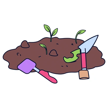 A collection of gardening tools resting on a patch of muddy earth after planting. There is a small trowel with a green handle, a pair of pruning shears with red grips, and a hand rake with a wooden handle. The soil is dark brown and rich, with small clumps of earth scattered around. In the background, there are a few sprouting plants emerging from the ground, hinting at a recently tended garden.