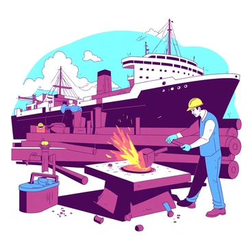 A group of workers at a shipyard are actively forging iron parts for a large vessel. One worker, wearing a yellow safety helmet, is striking a glowing red piece of iron on an anvil with a hammer. The sparks fly as the hammer meets the iron, illuminating the scene. Another worker, dressed in a blue shirt and gloves, is carefully inspecting a large iron beam nearby. Heavy machinery and tools are scattered around, with a massive partially constructed ship in the background, highlighting the bustling activity of the shipyard. The sky is clear, allowing natural light to enhance the scene.