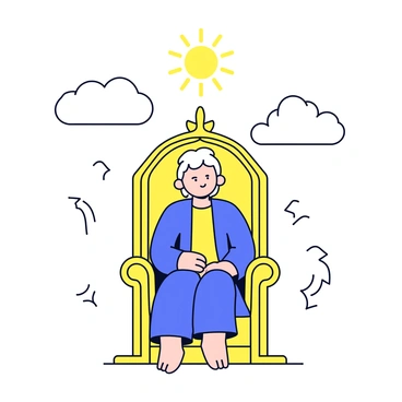 A figure representing "Manwë" seated on a grand throne made of golden materials. The throne is intricately designed with elegant patterns. Surrounding him are fluffy white clouds that create a soft, ethereal atmosphere. A radiant light shines from above, illuminating the figure and the throne. The setting conveys a sense of majesty and tranquility.