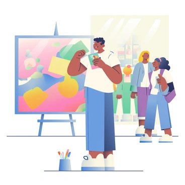 An artist with medium brown skin and short curly hair is standing beside their artwork at an exhibition. They are wearing a white shirt and blue jeans. The artwork is a large canvas filled with vibrant colors and abstract shapes. The artist is gesturing towards the canvas with their right hand while holding a small brochure in their left hand. In the background, there are several viewers attentively listening, and the exhibition space features soft, focused lighting that enhances the colors of the artwork. Beside the artist, there is a small pedestal displaying a few art supplies and paintbrushes.