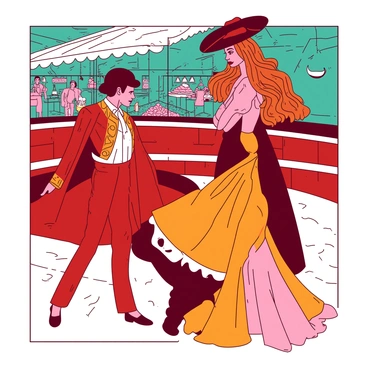 A duotone illustration features a vibrant mosaic showcasing various scenes from "Carmen's opera." The mosaic includes a red matador of the bullfighting ring, elegantly poised with a bright orange cape, while a wavy orange-haired Carmen stands nearby, casting a glance towards him. In the background, a teal market scene is visible, bustling with vendors and colorful products. The entire composition exudes a lively atmosphere, highlighting key moments from the opera through intricate tile patterns and vivid colors.