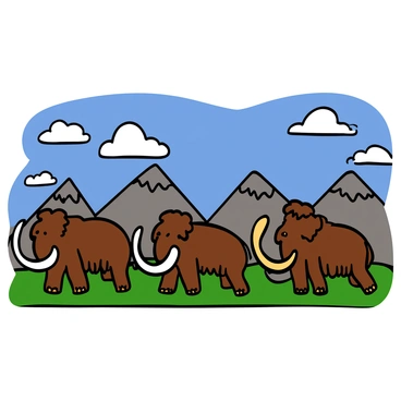 A line of large, woolly mammoths with long, curved tusks marching through a wide valley. The mammoths have thick, shaggy fur in shades of brown and gray. They are walking in a single file, some with their trunks raised, while others have their trunks lowered. The valley is surrounded by distant mountains with rocky peaks. Above them, a vast sky is depicted with fluffy white clouds scattered across a brilliant blue background. The scene conveys a sense of movement and the majesty of nature.