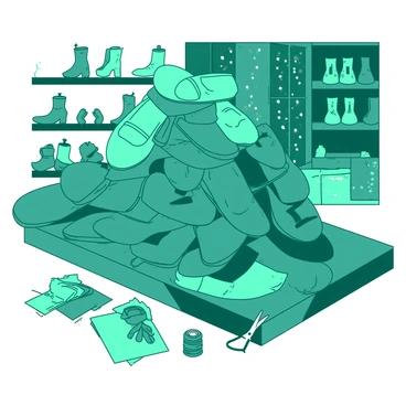 A teal pile of finished shoes is stacked neatly on a wooden table. Each shoe is crafted with intricate details, showcasing various designs and colors. Surrounding the pile, there are small tools and materials used by the diligent elves, including a pair of scissors and colorful threads. In the background, a festive workshop is visible with twinkling lights and shelves filled with more shoe creations. The atmosphere conveys a sense of hard work and accomplishment by the elves.