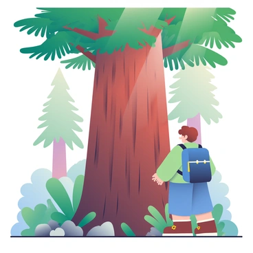 A tiny hiker with a blue backpack is standing at the base of a towering redwood tree in a dense forest. The hiker is wearing a green jacket and brown hiking boots, and has short, curly hair. The redwood tree has a thick, textured trunk with deep grooves and stretches high into the sky, its branches filled with lush green foliage. Surrounding the tree are various smaller plants and ferns, creating a rich underbrush. Sunlight filters through the canopy above, casting dappled light patterns on the ground. In the background, other redwood trees can be seen, adding to the sense of height and depth in the forest.