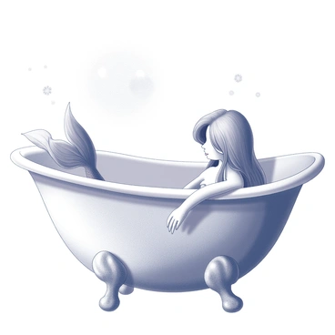 A mermaid with flowing hair is comfortably settled in a seashell-shaped bathtub. The tub is intricately detailed, resembling a large seashell partially submerged in water. The mermaid appears relaxed, with her tail gracefully draped over the edge of the tub. The scene is illuminated by soft moonlight, casting gentle shadows and highlighting the curves of the seashell. The background features subtle hints of ocean elements, such as floating seaweed and small pebbles, enhancing the tranquil atmosphere. The overall composition captures the serene moment of the mermaid enjoying her bath.