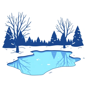 An icy pond occupies the center of the image, its smooth surface reflecting the bare branches of surrounding trees. The trees, devoid of leaves, stand tall and stark against the winter sky. The ground is covered in a light dusting of white snow, adding to the cold atmosphere. In the background, the silhouettes of additional trees can be seen, creating depth in the scene. The entire setting conveys a sense of stillness and quietude in the heart of winter.