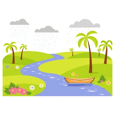 A vibrant Indian landscape with lush green fields and tall palm trees swaying gently. Dark rain clouds gather in the sky, with raindrops beginning to fall, creating small puddles on the ground. A river flows through the scene, reflecting the gray clouds above. Brightly colored flowers bloom along the riverbank, adding splashes of color to the greenery. A group of birds can be seen flying in the sky, while a small wooden boat drifts on the river, surrounded by the refreshing rain.