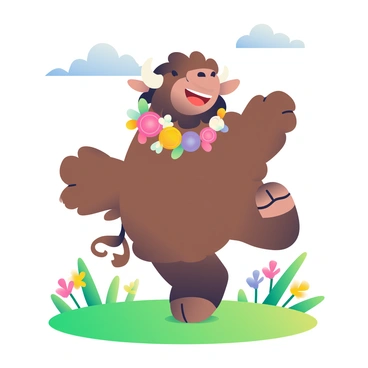 A bison with a shaggy brown coat is dancing joyfully in a vibrant green field. The bison has a broad smile and its hooves are lifted off the ground, displaying a dynamic pose. Around its neck, there are colorful flower garlands adding to the festive atmosphere. In the background, there are clusters of wildflowers in various colors, such as yellow, purple, and pink, dotting the landscape. The sky above is clear with a few fluffy white clouds, enhancing the cheerful scene.