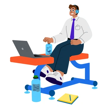 A multitasking office worker is seated on a leg press machine in a modern gym setting. The worker, dressed in business casual attire, is actively pressing the weighted platform with their legs. A sleek laptop is set up securely on the machine's tray, displaying various charts and graphs. The office worker has a focused expression, wearing headphones, and is engaged in a video call while exercising. Bright gym lights illuminate the scene, highlighting the contrast between the gym equipment and the office tools. A water bottle and a notepad are placed next to the machine, adding to the theme of productivity.