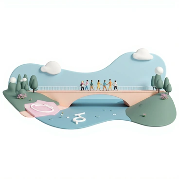 A bridge stretching across a river, connecting two distinct lands. On one side, a large male symbol is prominently displayed on the ground, while on the opposite side features a large female symbol. People of diverse backgrounds are walking together on the bridge, some holding hands, while others chat animatedly. The scene is lively with a clear blue sky overhead, and the landscape on both sides is filled with greenery and flowers, enhancing the sense of unity and connection.