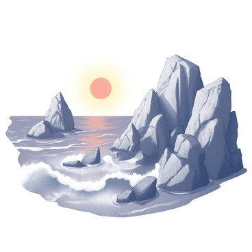A rugged rocky coastline with jagged cliffs ascending from the churning ocean below. The rocks are uneven and weathered, showcasing a variety of textures and sizes. The surface of the ocean is tumultuous, with waves crashing against the base of the cliffs. The horizon is visible where the ocean meets the sky, creating a defined line. A large orange sun is descending, casting elongated shadows over the rocks and illuminating the scene in a unique way. There is a sense of movement and energy as the waves interact with the rugged terrain.